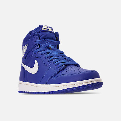 Men's Air Jordan 1 Retro High OG Basketball Shoes| Finish Line Three Quarter view of Men's Air Jordan 1 Retro High OG Basketball Shoes in Hyper Royal
