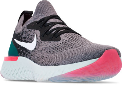 Three Quarter view of Women';;s Nike Epic React Flyknit Running Shoes in Gunsmoke/White/Black/Geode Teal