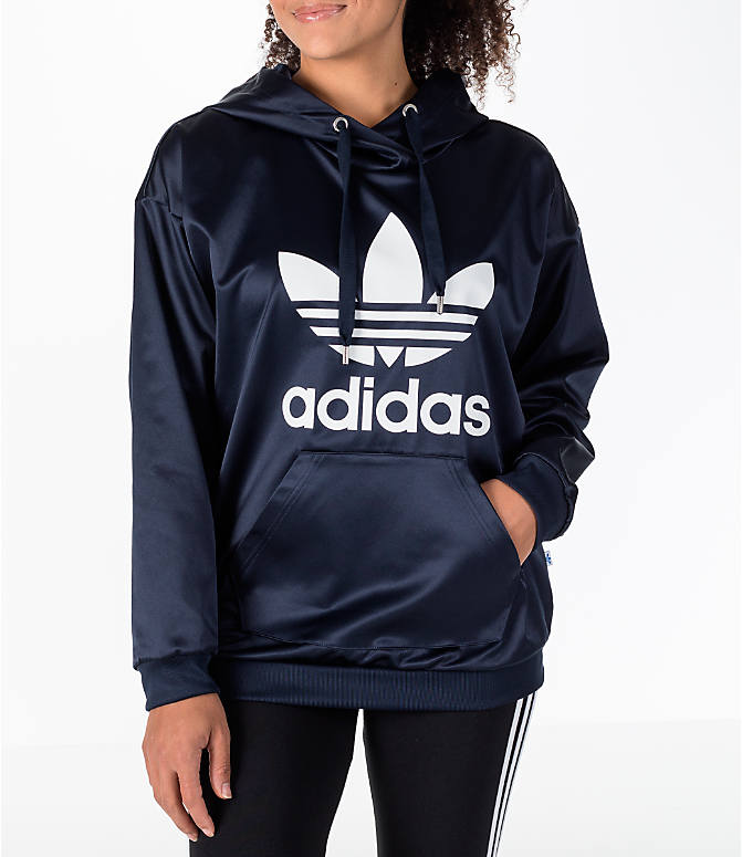Women's adidas Originals Trefoil Satin Hoodie| Finish Line Front view of Women's adidas Originals Trefoil Satin Hoodie in Navy/White
