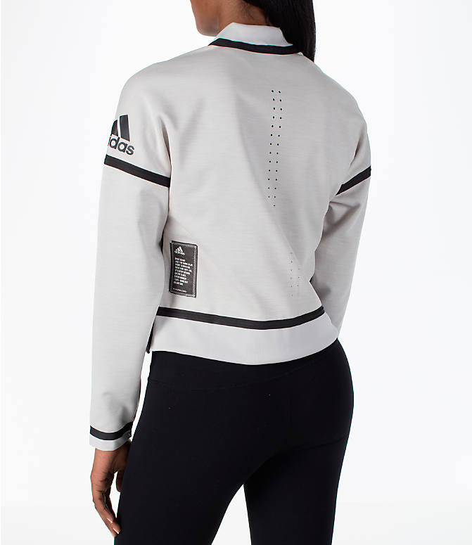 Women's adidas Athletics ZNE Reversible Bomber Jacket| Finish Line Back Left view of Women's adidas Athletics ZNE Reversible Bomber Jacket in Chalk Pearl