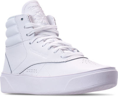 Three Quarter view of Girls';; Big Kids';; Reebok Freestyle Hi Nova Casual Shoes in White