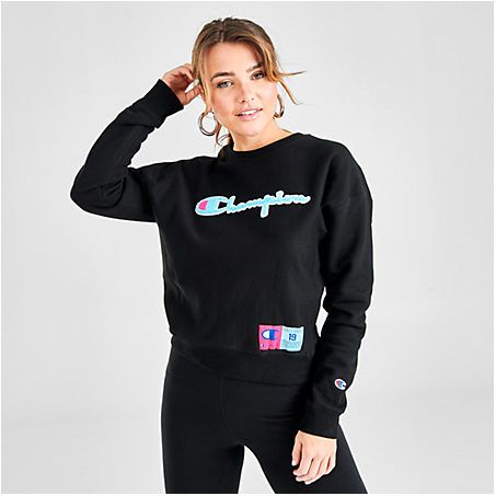 Champion Women's Reverse Weave Neon Crewneck Sweatshirt In Black | ModeSens