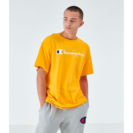 UPC 192503120627 product image for Champion Men's Core Script T-Shirt in Yellow Size X-Large 100% Cotton | upcitemdb.com