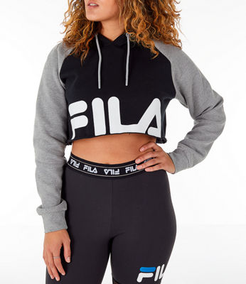 Fila Luciana Logo Cropped Hooded Sweatshirt In Grey / Black | ModeSens